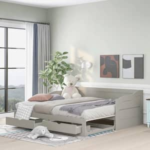 Gray Wooden Twin Daybed with Trundle Bed and Two Storage Drawers, Extendable Bed Daybed, Sofa Bed with Two Drawers