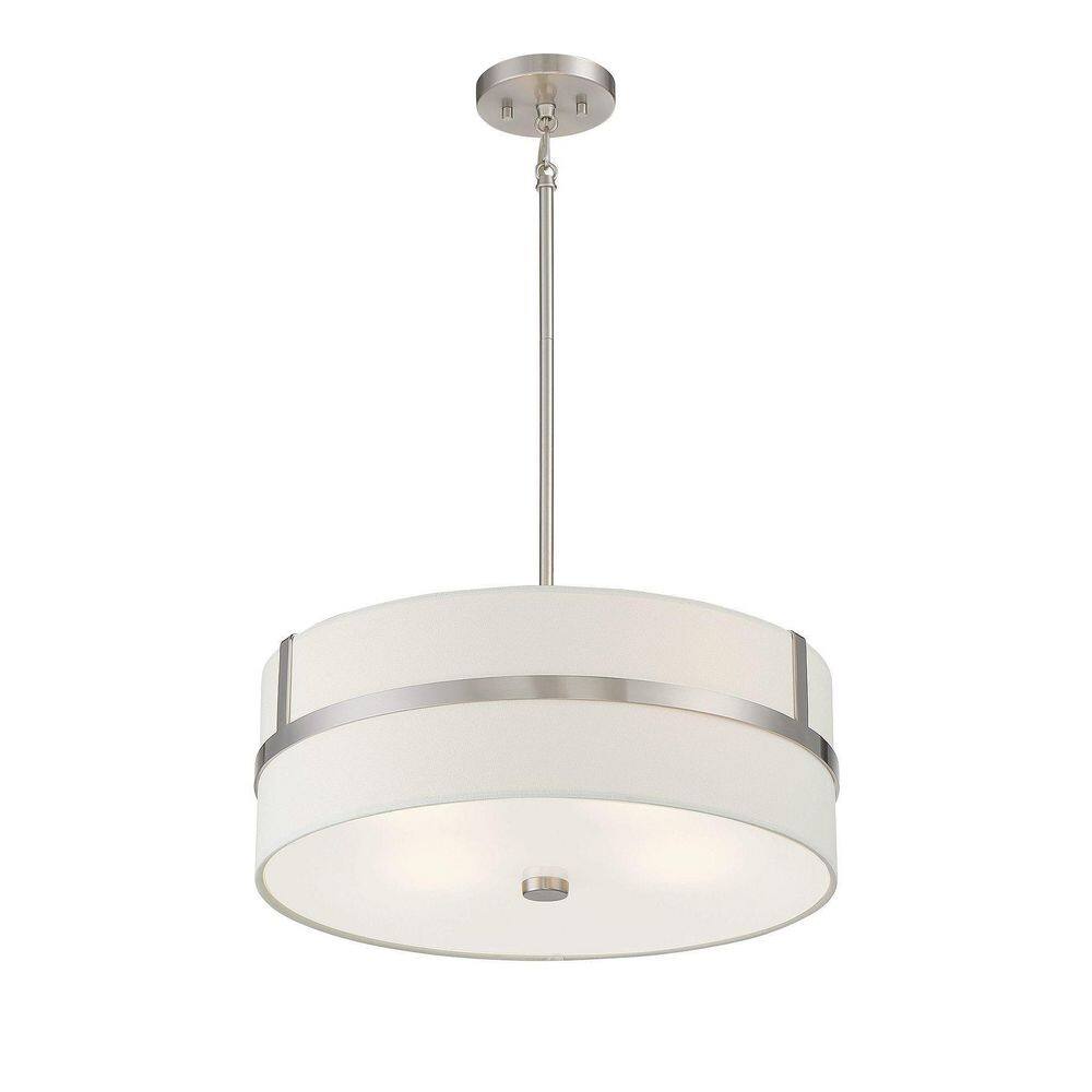 Contemporary Brushed Nickel Drum Pendant with White Shade