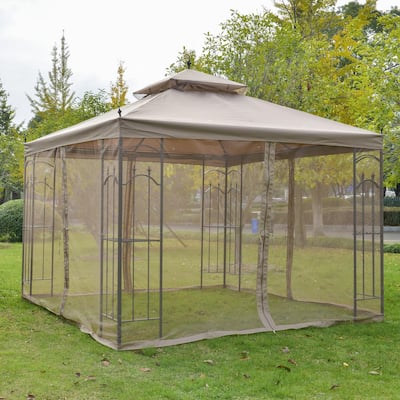 10 ft x 10 ft Brown Outdoor Patio Gazebo Canopy with Removable Mesh Curtains & Display Shelves