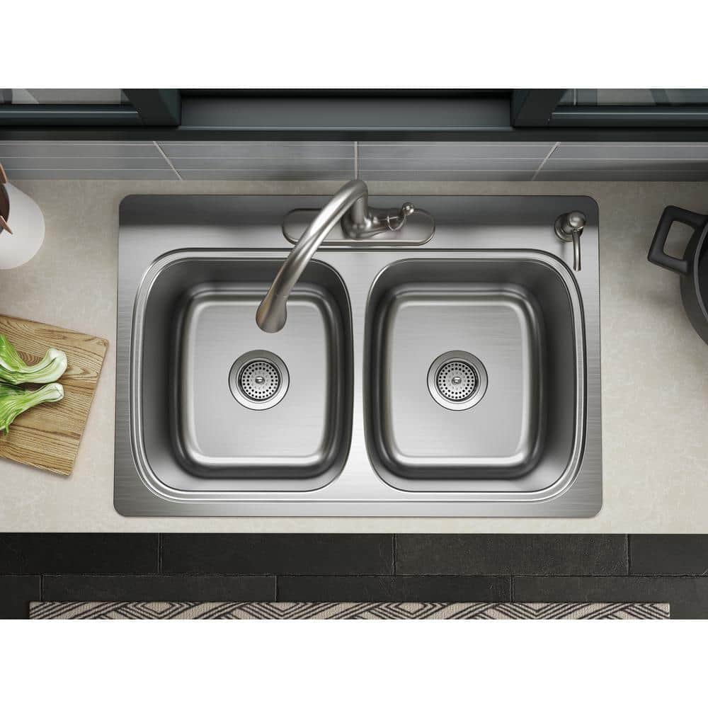 33'' Brushed Stainless Steel Double Bowl Drop-In Kitchen Sink