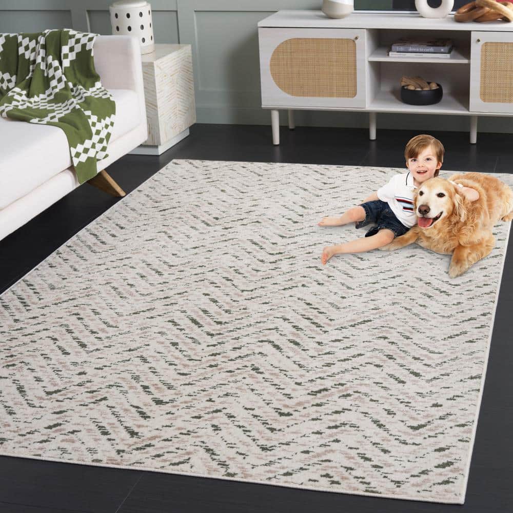 Ivory and Dark Green Chevron Rectangular Area Rug