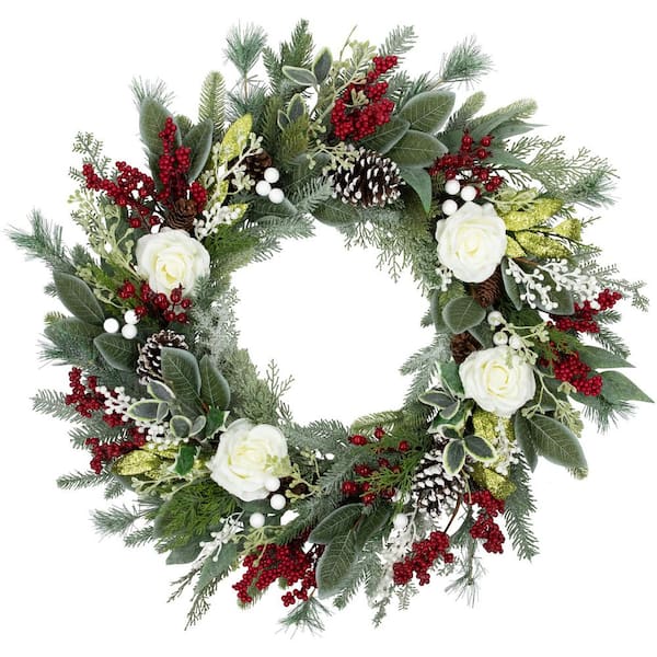 30 in. Unlit Real Touch️ Mixed Foliage and Roses Artificial Christmas Wreath