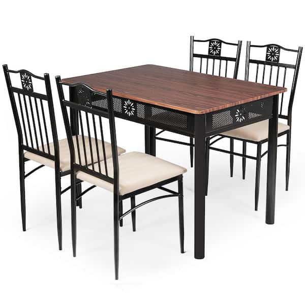 HONEY JOY 5-Piece Rectangle Wood Top Black Brown Bar Table Set Patio Dining Set Metal Table and Chairs Kitchen Furniture