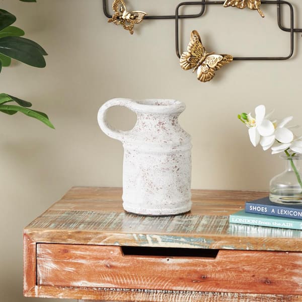 Litton Lane White Antique Style Textured Ceramic Decorative Vase with Terracotta Accents and Ring Handle