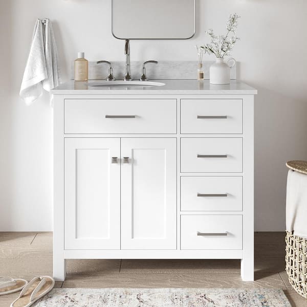 ARIEL Bristol 37 in. W x 22 in. D x 35.25 in. H Freestanding Bath Vanity in White with White Marble Top