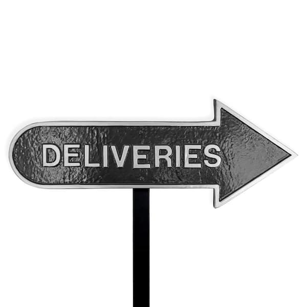 Montague Metal Products 6 in. x 15.5 in. Right Arrow Deliveries Statement Plaque Sign with Lawn Stake-Black/Silver