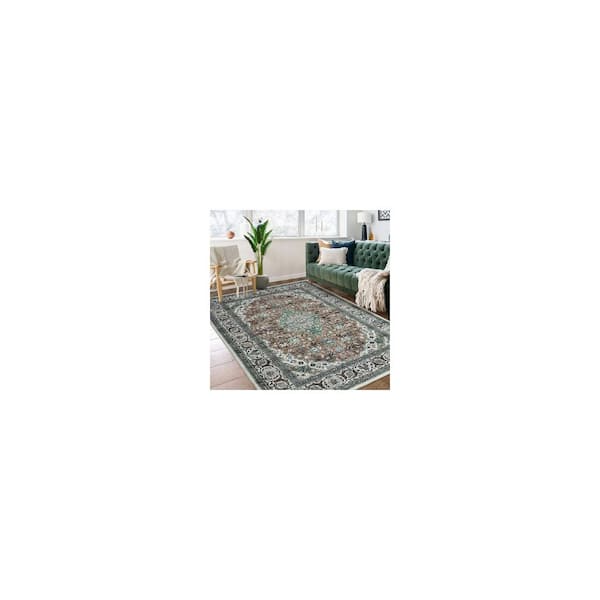 Green Coffee 10 ft. x 13 ft. Retro Circular Pattern Short Pile Foldable Rug Anti-Fouling and Anti-Slip