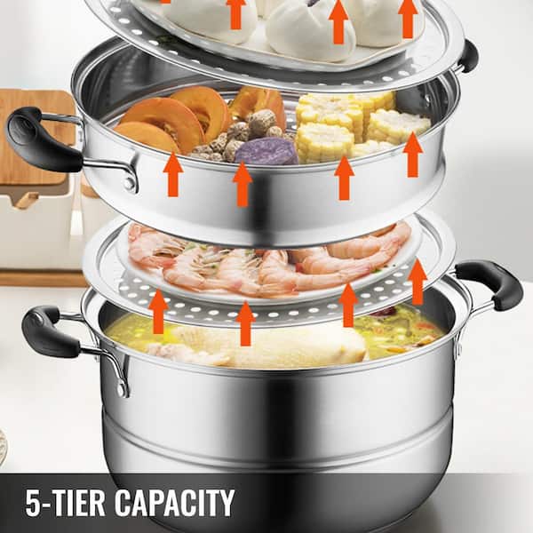 5 Tier Stainless Steel Food Steamer Vegetable Steamer Pot Cookware with Lid