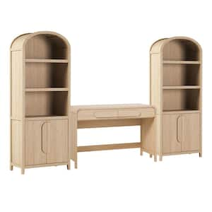 3-Piece Modern 38 in. Waterfall Coastal Oak Writing Desk with Pull Drawers and 2 76 in. Cabinet Bookcases