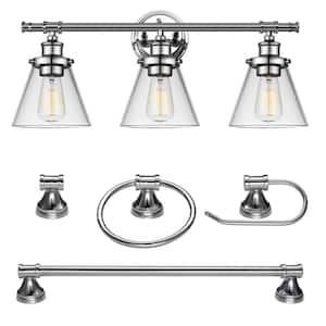 Parker 3-Light Chrome Vanity Light With Clear Glass Shades and Bath Set (5-Piece)
