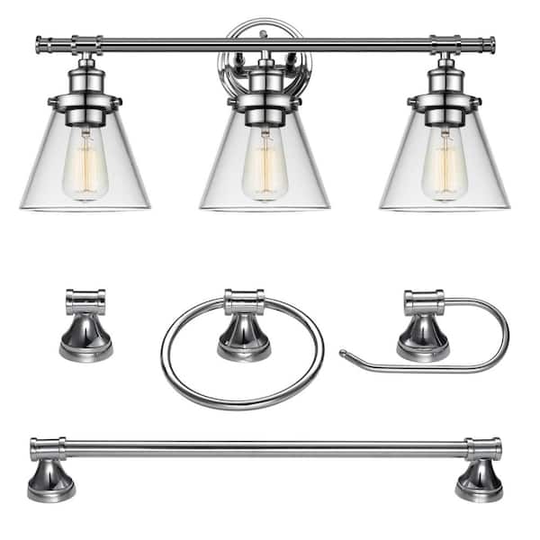 Globe Electric Parker 3-Light Chrome Vanity Light With Clear Glass Shades and Bath Set (5-Piece)