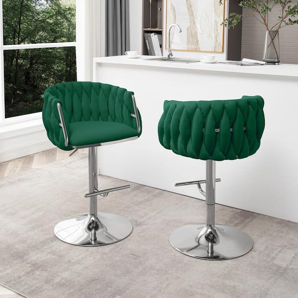 Earl 25 in. 33 in. Upholstered Emerald Green Low Back Metal Frame Adjustable Bar Stool With Velvet Fabric (Set of 2)