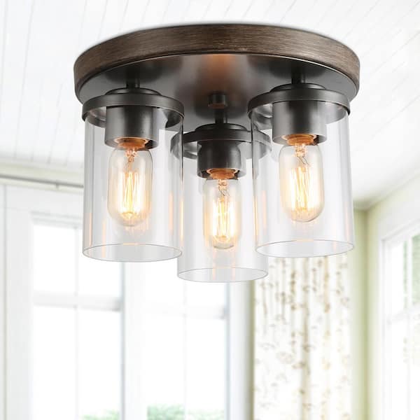 LNC 3-Light Rustic Farmhouse Flush Mount Light with Brushed Wood Accents, Classic Clear Glass Shade Pendant