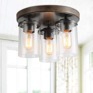 3-Light Rustic Farmhouse Flush Mount Light with Brushed Wood Accents, Classic Clear Glass Shade Pendant