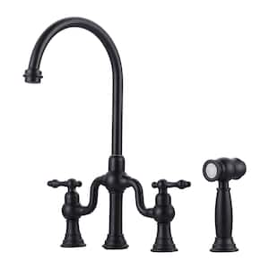 Brass Double Handle Deck Mounted Bridge Kitchen Faucet with Side Sprayer in Matte Black