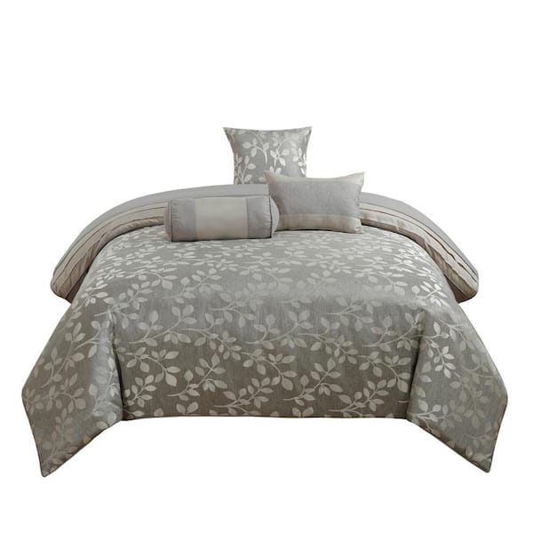 Benjara 7-Piece Gray Floral Microfiber King Comforter Set