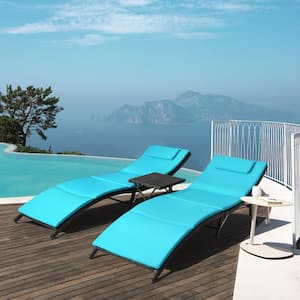 3-Pieces Steel Frame Poolside Folding Chairs Wicker Outdoor Chaise Lounge Chair with Blue Cushion (Set of 2)