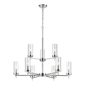 Zire 9-Light Chrome Modern Minimalist Dining Room Hanging Candlestick Chandelier with Clear Glass Shades