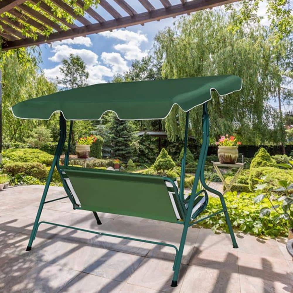 Outdoor 3-Person Metal Patio Swing Chair with Green Canopy