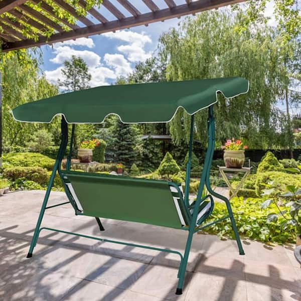 Unbranded Outdoor 3-Person Metal Patio Swing Chair with Green Canopy