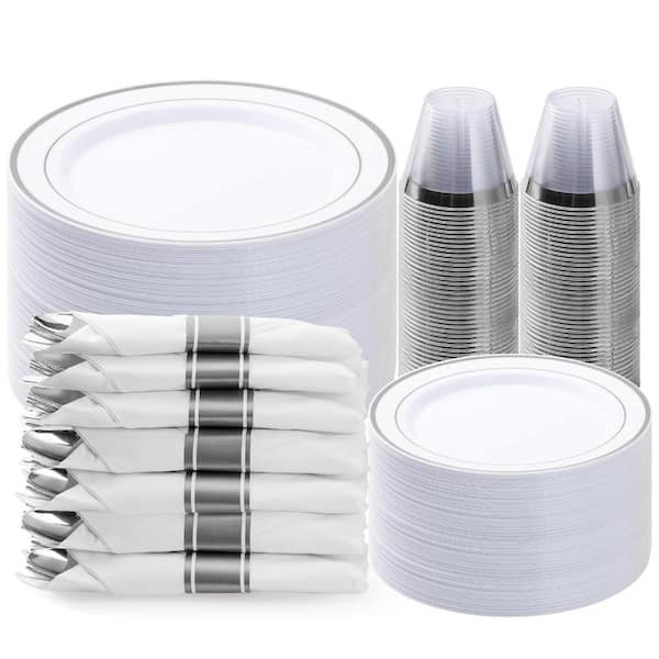 350-Piece Silver Disposable Plastic Dinnerware Set with 50 10.25 in Plates, 50 7.5 in Salad Plates, 50 9