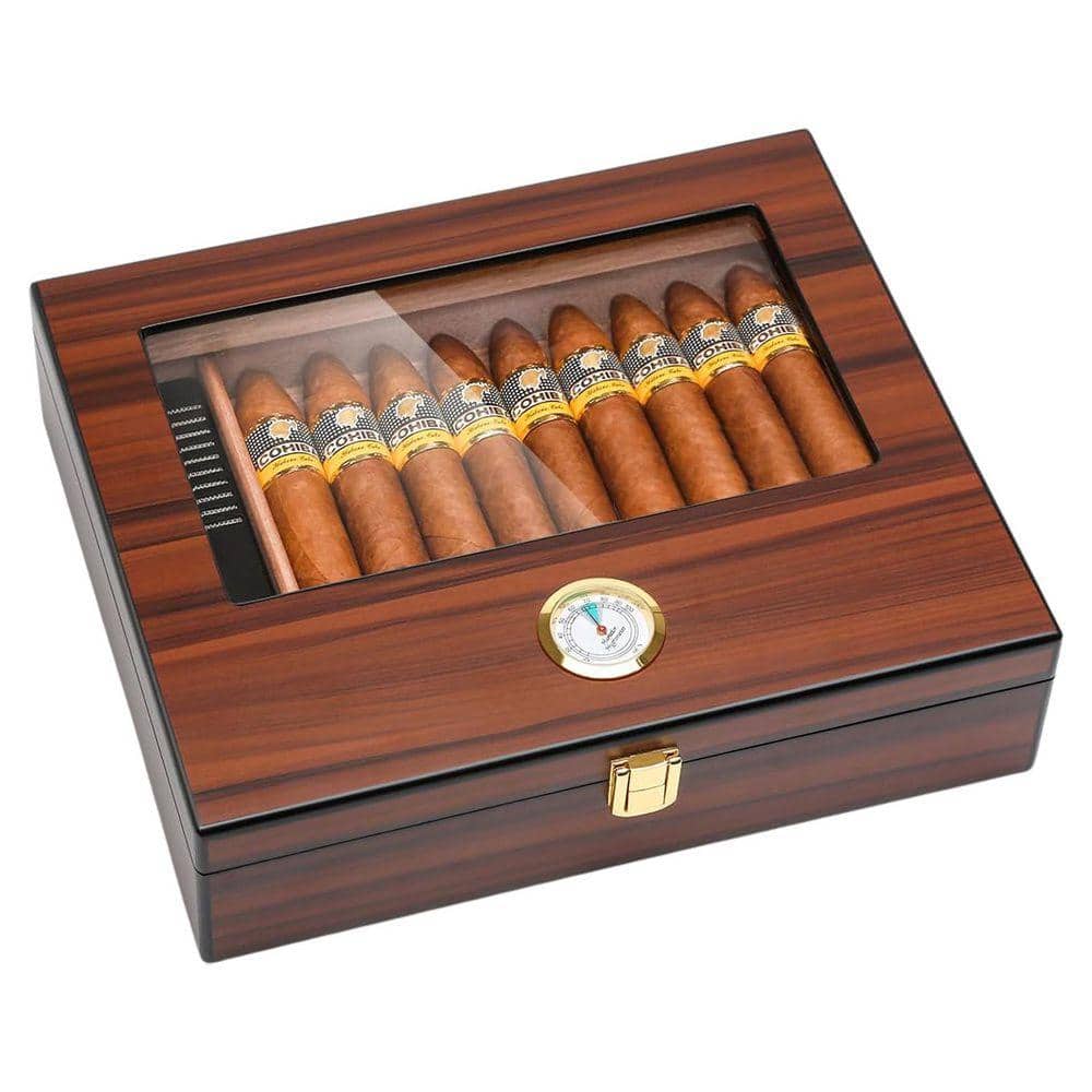 10.3in. W x 2.6in. H Walnut Finish Spanish Cedar Wood Glass Top Cigar ...