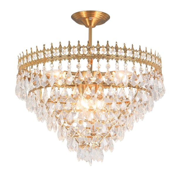 OUKANING 19.68 in. 6-Light Gold Modern Luxury Crystal Semi-Flush Mount Ceiling Light