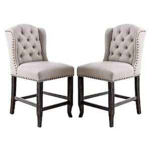 24 in. Light Gray and Antique Black Low Back Wood Frame Counter Height Stool Chair with Fabric Seat (Set of 2)