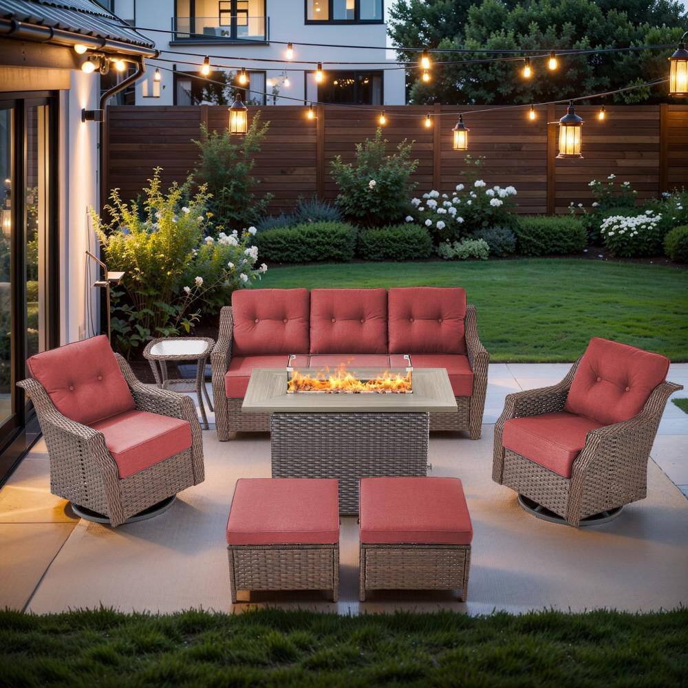 Circle Brown Wicker 7-Piece Patio Conversation Set with Outdoor Swivel Chairs, Fire Pit Table and 6 in. T Red Cushions price history on PriceWatchPro