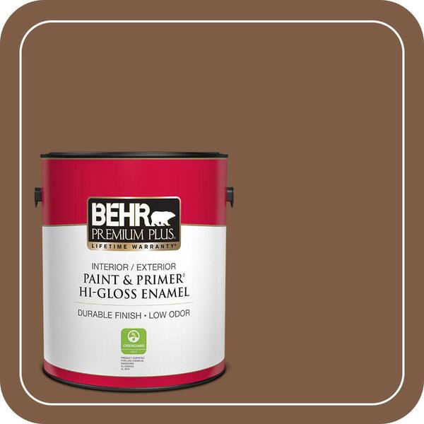 BEHR PREMIUM PLUS 1 gal. #BXC-65 Outback Brown Hi-Gloss Enamel Interior/Exterior Paint & Primer