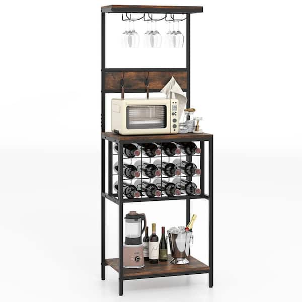 Freestanding 12-Bottle Brown Wine Rack with Glass Racks