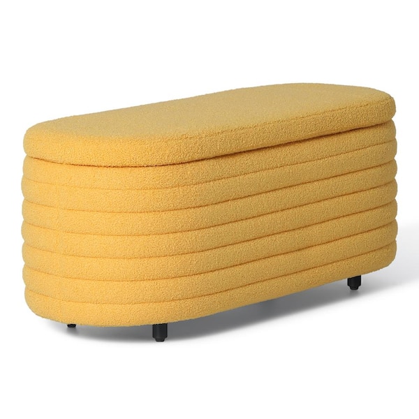WESTINFURNITURE Bayville 42 in. Wide Oval Sherpa Upholstered Entryway Flip Top Storage Bedroom Accent Bench in Sunset Gold