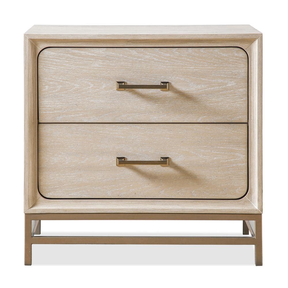 Oak and Metal 2-Drawer Nightstand with Brass Handles