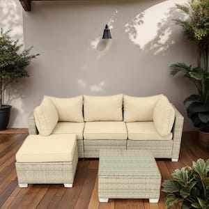 Grey 5-Piece Wicker Patio Conversation Set with Grey Cushions