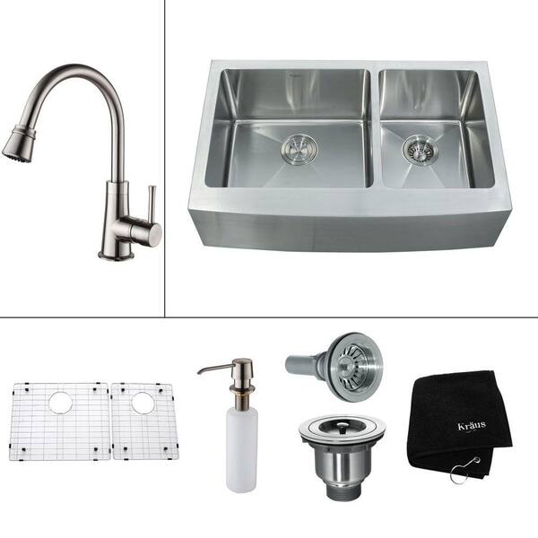 KRAUS All-in-One Farmhouse Apron Front Stainless Steel 32.9 in. 0-Hole Double Bowl Kitchen Sink with Satin Nickel Accessories