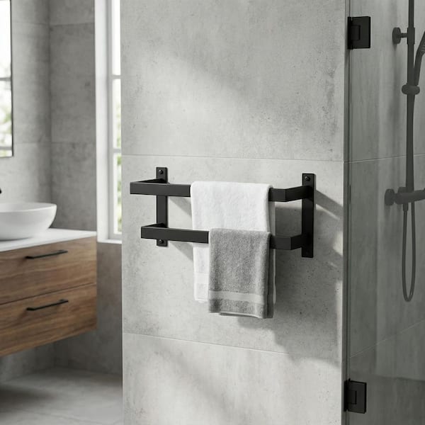 16.5 in. Square Double Staggered Wall Mounted Towel Rack, Stainless Steel Towel Bars in Matte Black