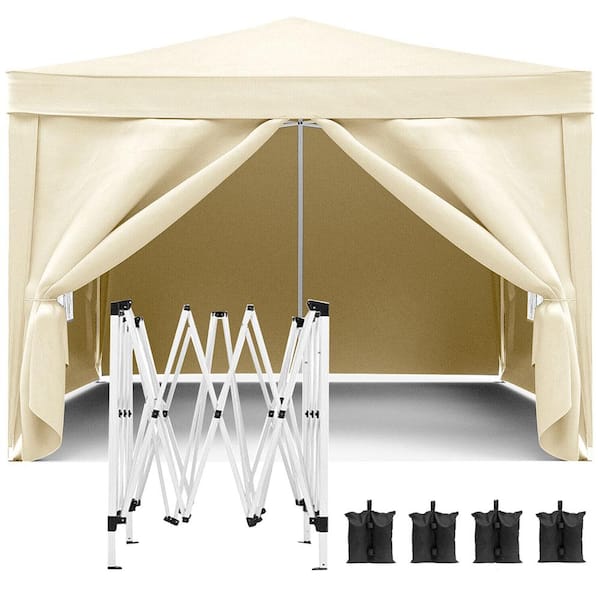 10 ft. x 10 ft. Outdoor Folding Pop-Up Canopy Gazebo Portable Tent w/4 Removable Sidewalls for Parties, Camping, Beige