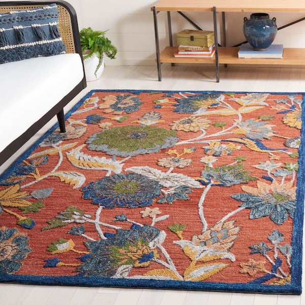 Blossom 6 ft. x 6 ft. Orange/Blue Border Floral Square Area Rug
