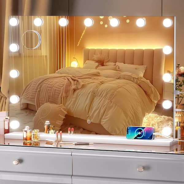 White 22 in. W x 32 in. H Rectangle Framed Vanity Mirror with Lights, LED Makeup Mirror with 15-Dimmable Bulbs