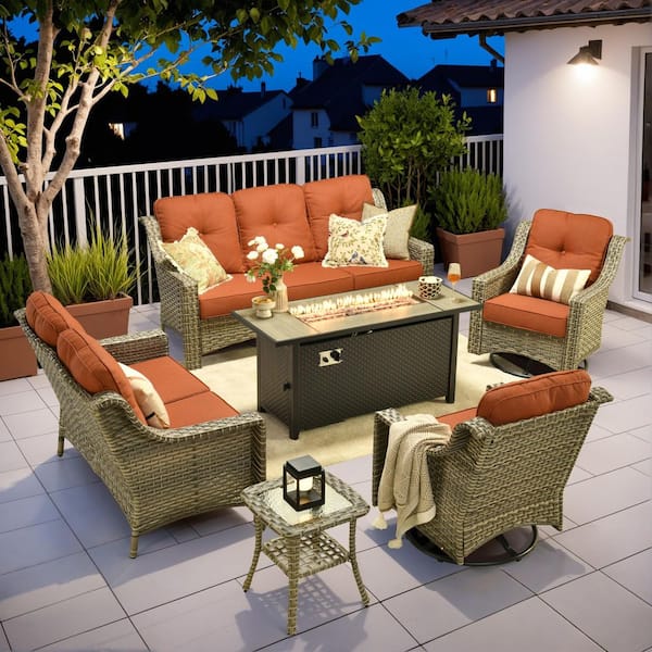 Tulip P 6-Piece Wicker Patio Fire Pit Conversation Set with Red Cushions and Swivel Chairs