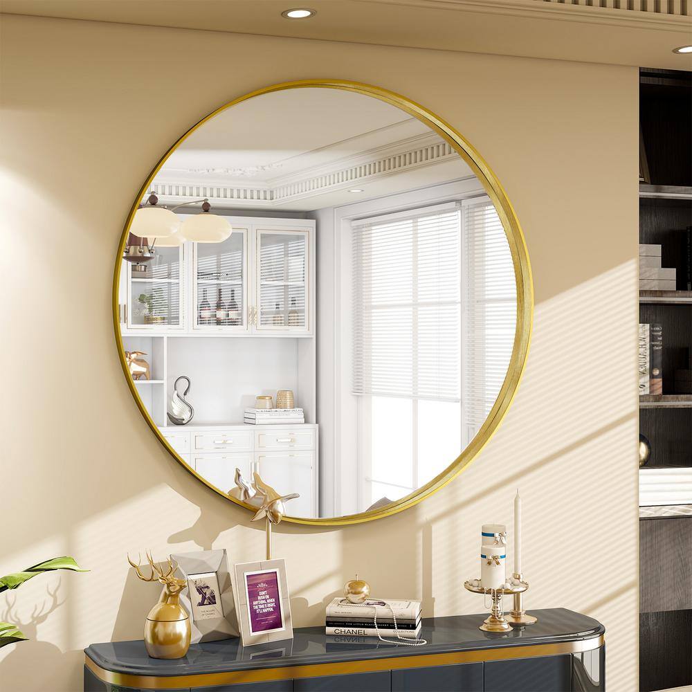 XRAMFY 30 in. W x 30 in. H Round Gold Aluminum Alloy Deep Framed Wall ...