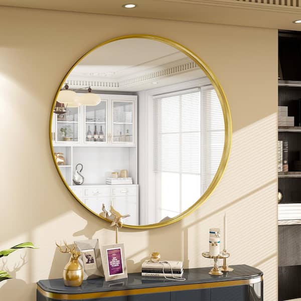 XRAMFY 30 in. W x 30 in. H Round Gold Aluminum Alloy Deep Framed Wall Mirror