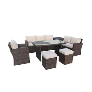 Hermione 7-Piece Steel Wicker Patio Furniture Outdoor Sectional Sofa Set with Beige Cushions and Ottomans