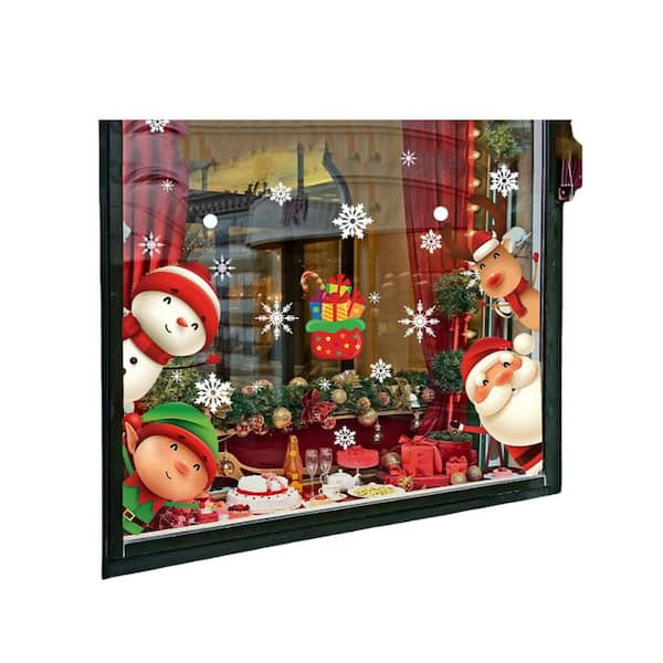 Christmas Snowflake Window Clings Mulch with Santa Claus and Reindeer for Indoor Glass Holiday Decorations (82-Pack)