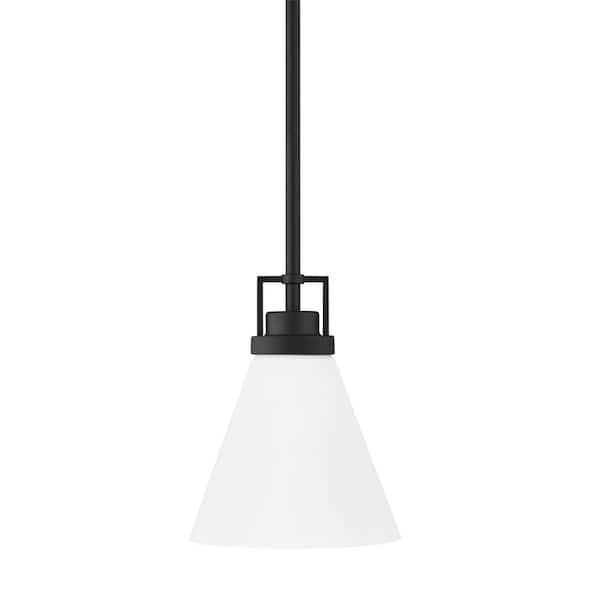 Home Decorators Collection Clermont 1-Light Midnight Black Shaded Pendant Light with Milk White Glass Shade