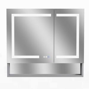 36 in. W x 32 in. H Rectangular Silver Aluminum Recessed/Surface Mount Medicine Cabinet with Mirror, LED, and Clock