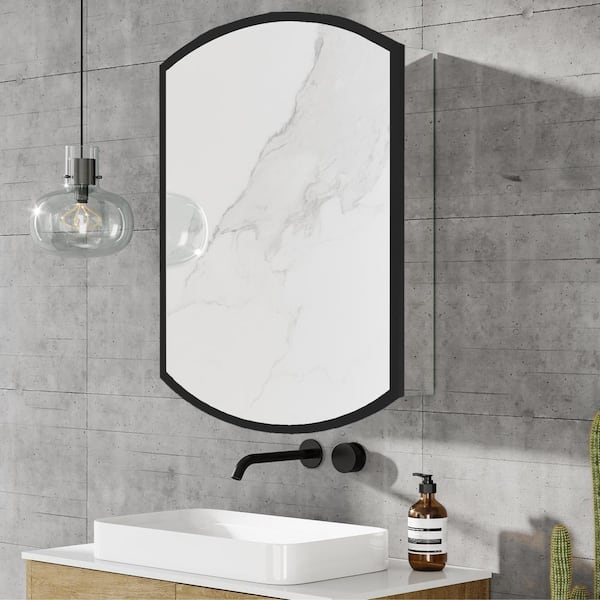 Cesicia 22 in. W x 31 in. H Arched Aluminium Black Framed Medicine Cabinet with Mirror and Adjustable Glass Shelves