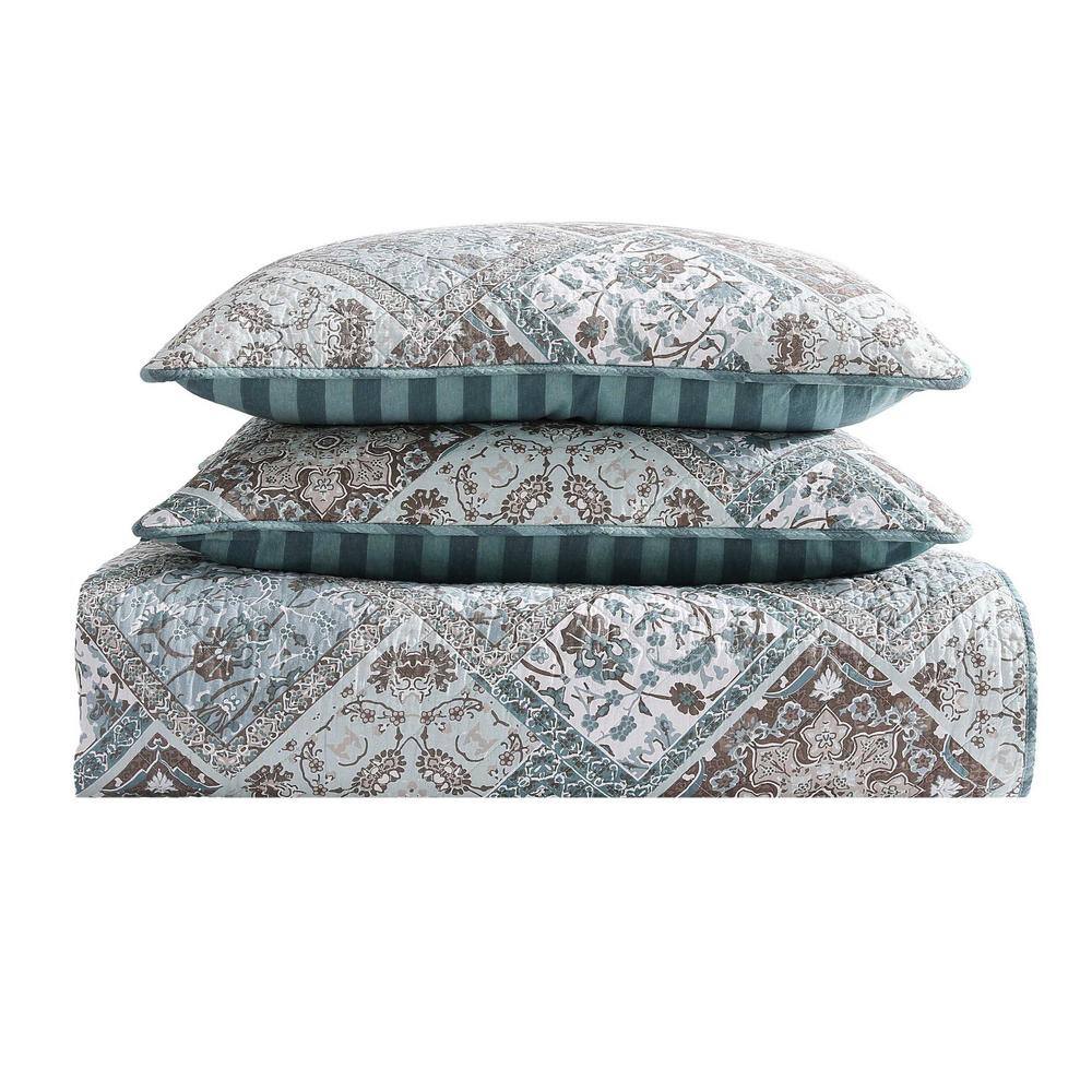 Full Blue Cotton Reversible Quilt Set with Shams
