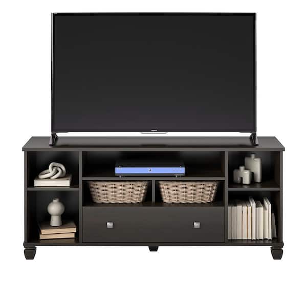 Ameriwood Home Bollen Espresso TV Stand for TVs up to 64 in. with 7 Open Shelves and 1-Drawer