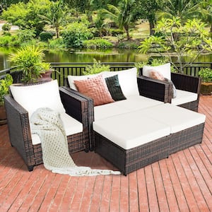 5-Piece Plastic Wicker Outdoor Sectional Set with White Cushions